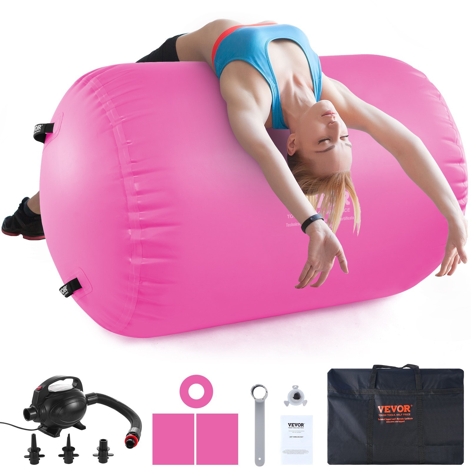 GTZKFQD4024IABG32V1.jpg Air Mat Tumble Track Air Spot, Round Inflatable Air Roller, Air Barrel Gymnastic Equipment with Electric Pump, Tumbling Backbend Trainer for Home Use/Gym/Yoga/Cheerleading/Beach/Park/Water, Pink - Image 1