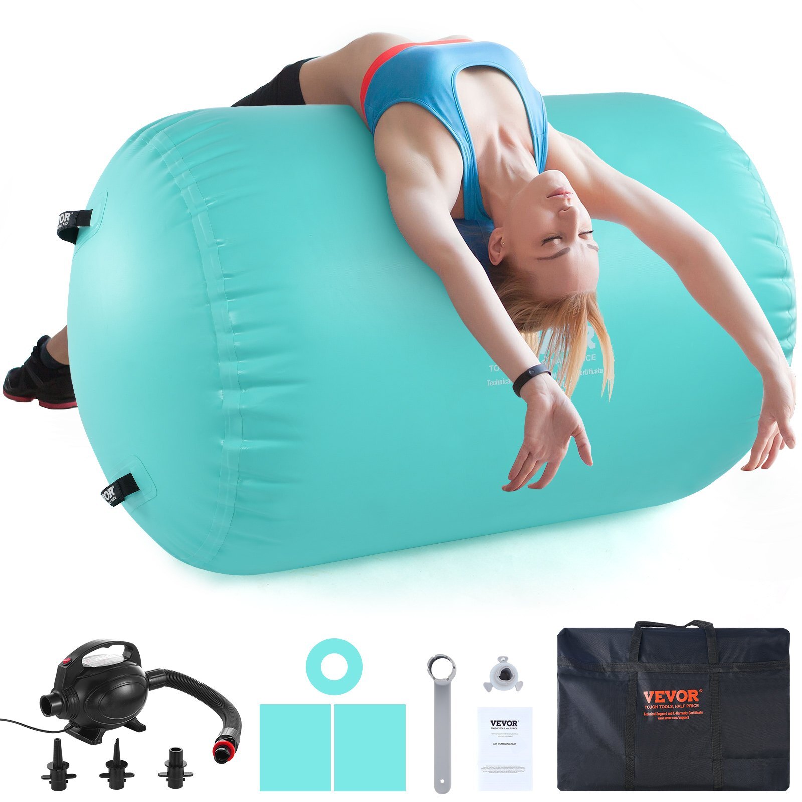 GTZKFQD40315MCFTUV1.jpg Air Mat Tumble Track Air Spot, Round Inflatable Air Roller, Air Barrel Gymnastic Equipment with Electric Pump, Tumbling Backbend Trainer for Home Use/Gym/Yoga/Cheerleading/Park/Water, Mint Green - Image 1