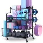 Yoga Mat Storage Rack, Home Gym Workout Equipment Organizer, Powder Coated Finish Steel Yoga Mat Holder with Hooks & Wheels, Weight Rack for Dumbbell, Kettlebell, Foam Roller, and Yoga Strap
