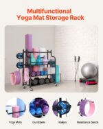 Yoga Mat Storage Rack, Home Gym Workout Equipment Organizer, Powder Coated Finish Steel Yoga Mat Holder with Hooks & Wheels, Weight Rack for Dumbbell, Kettlebell, Foam Roller, and Yoga Strap - Image 2