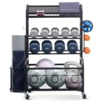 Yoga Mat Storage Rack, Home Gym Workout Equipment Organizer, Powder Coated Finish Steel Yoga Mat Holder with Hooks & Wheels, Weight Rack for Dumbbell, Kettlebell, Foam Roller, and Yoga Strap