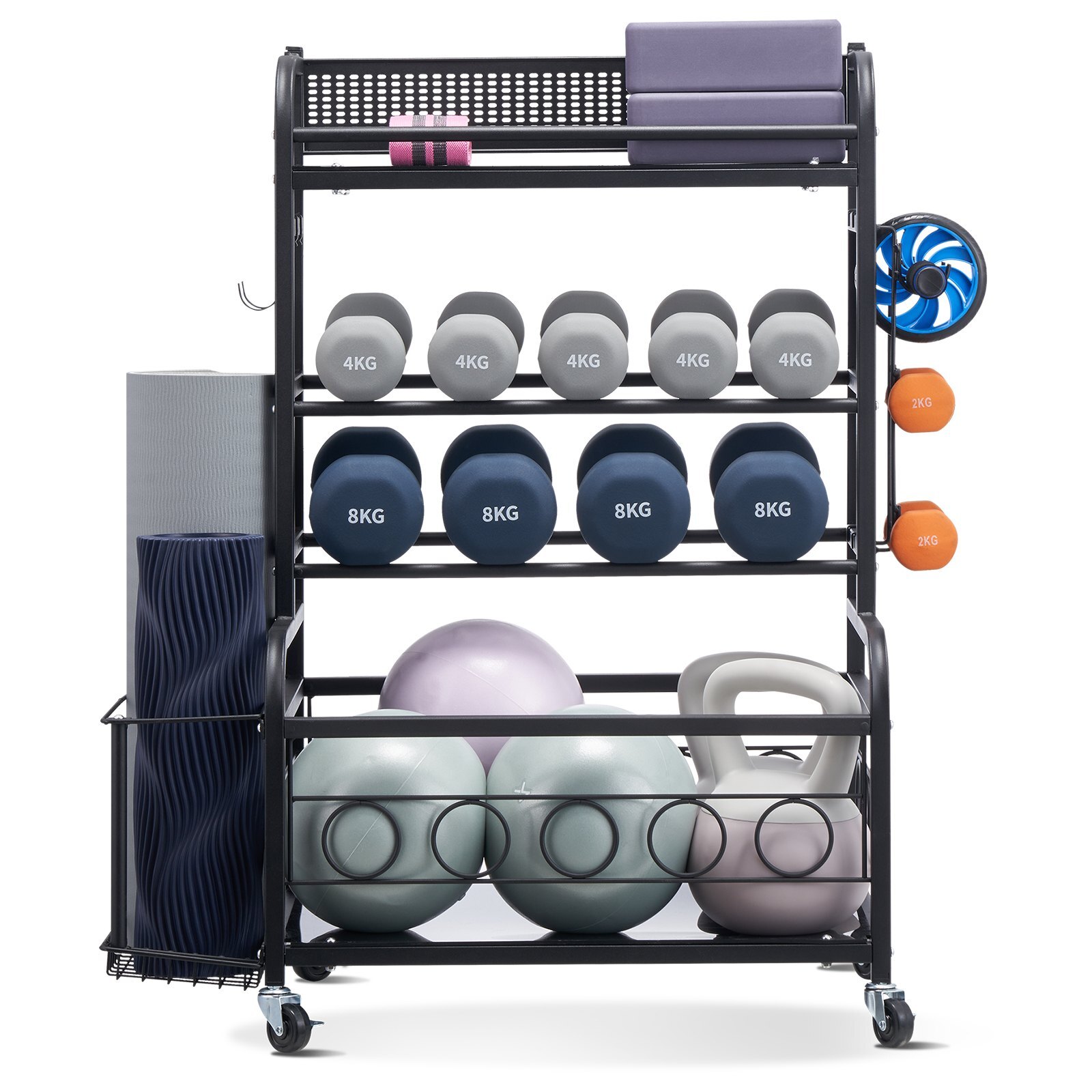 LSDLYJJ4C313AAQ8JV0.jpg Yoga Mat Storage Rack, Home Gym Workout Equipment Organizer, Powder Coated Finish Steel Yoga Mat Holder with Hooks & Wheels, Weight Rack for Dumbbell, Kettlebell, Foam Roller, and Yoga Strap - Image 1