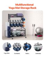 Yoga Mat Storage Rack, Home Gym Workout Equipment Organizer, Powder Coated Finish Steel Yoga Mat Holder with Hooks & Wheels, Weight Rack for Dumbbell, Kettlebell, Foam Roller, and Yoga Strap - Image 2