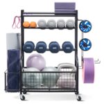 Yoga Mat Storage Rack, Powder Coated Finish Steel Yoga Mat Holder, Home Gym Workout Equipment Organizer with Hooks & Wheels, Weight Rack for Foam Roller, Dumbbell, Kettlebell, and Yoga Strap