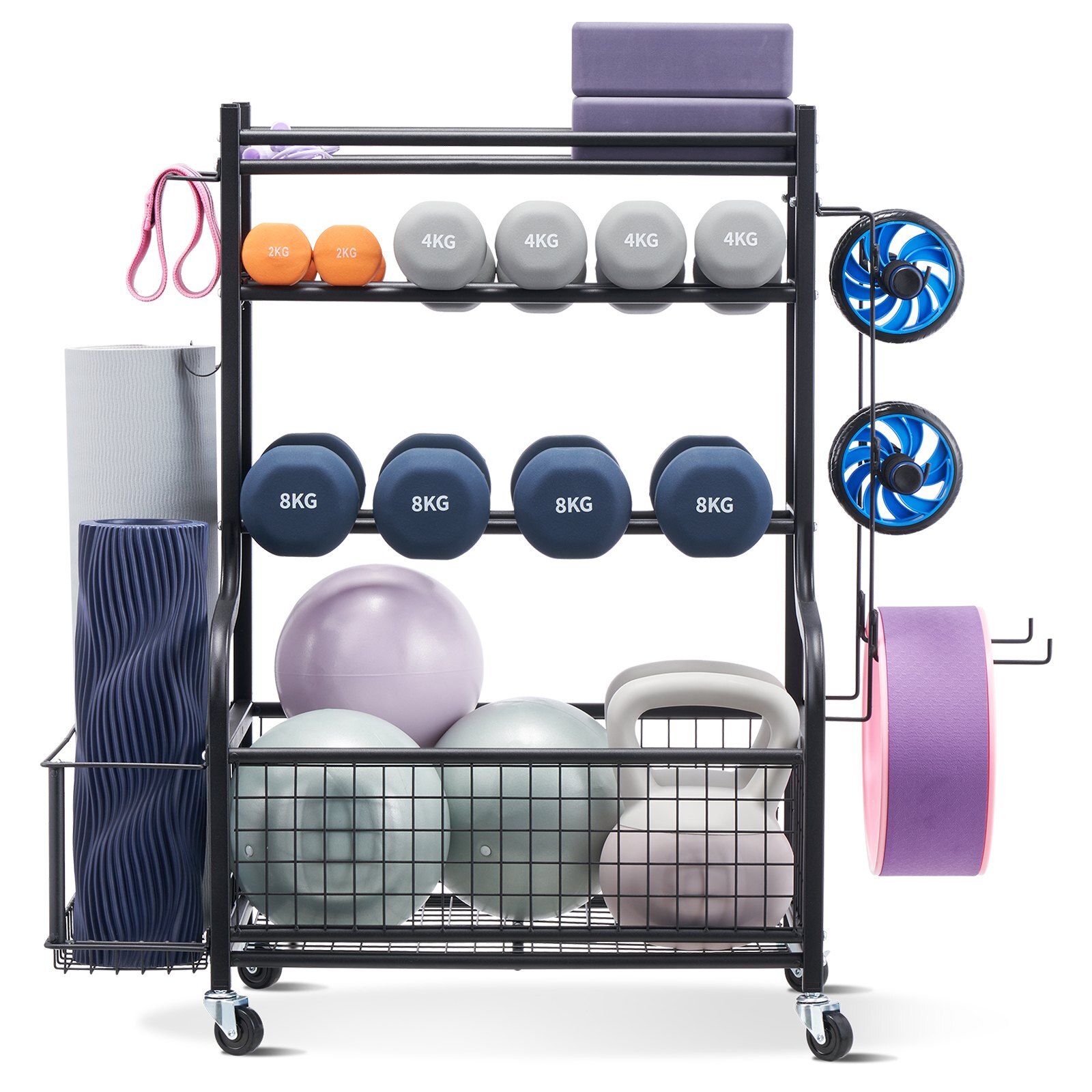 LSDLYJJ4C404VC65NV0.jpg Yoga Mat Storage Rack, Powder Coated Finish Steel Yoga Mat Holder, Home Gym Workout Equipment Organizer with Hooks & Wheels, Weight Rack for Foam Roller, Dumbbell, Kettlebell, and Yoga Strap - Image 1