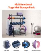 Yoga Mat Storage Rack, Powder Coated Finish Steel Yoga Mat Holder, Home Gym Workout Equipment Organizer with Hooks & Wheels, Weight Rack for Foam Roller, Dumbbell, Kettlebell, and Yoga Strap - Image 2