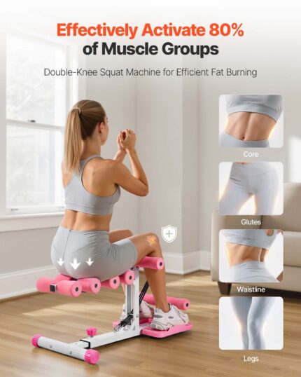 Deep Squat Machine, Adjustable Glutes Trainer Machine with 3 High-Strength Resistance Bands, Folding Core Leg & Glutes Exercise Trainer, Push Up Workout Equipment at Home Gym, Pink + White