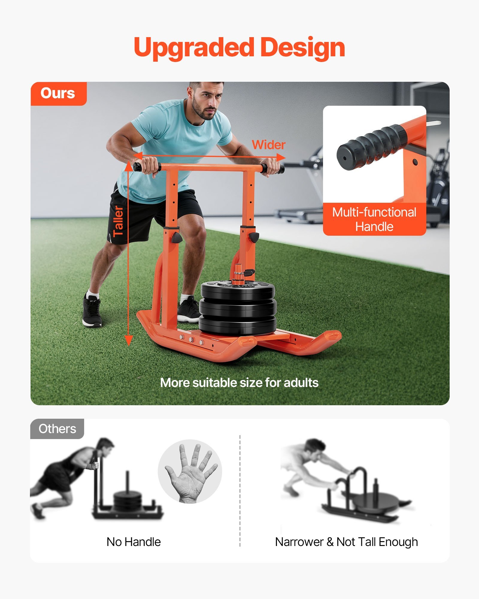SZXQCS12YCTX71MLO001V0.jpg Weight Sled, Steel Power Sled, Fitness Training Sleds for Athletic Exercise Speed Improvement, Workout Equipment with Adjustable Height Handle, Compatible with 1/2 in Weight Plates, Orange - Image 1