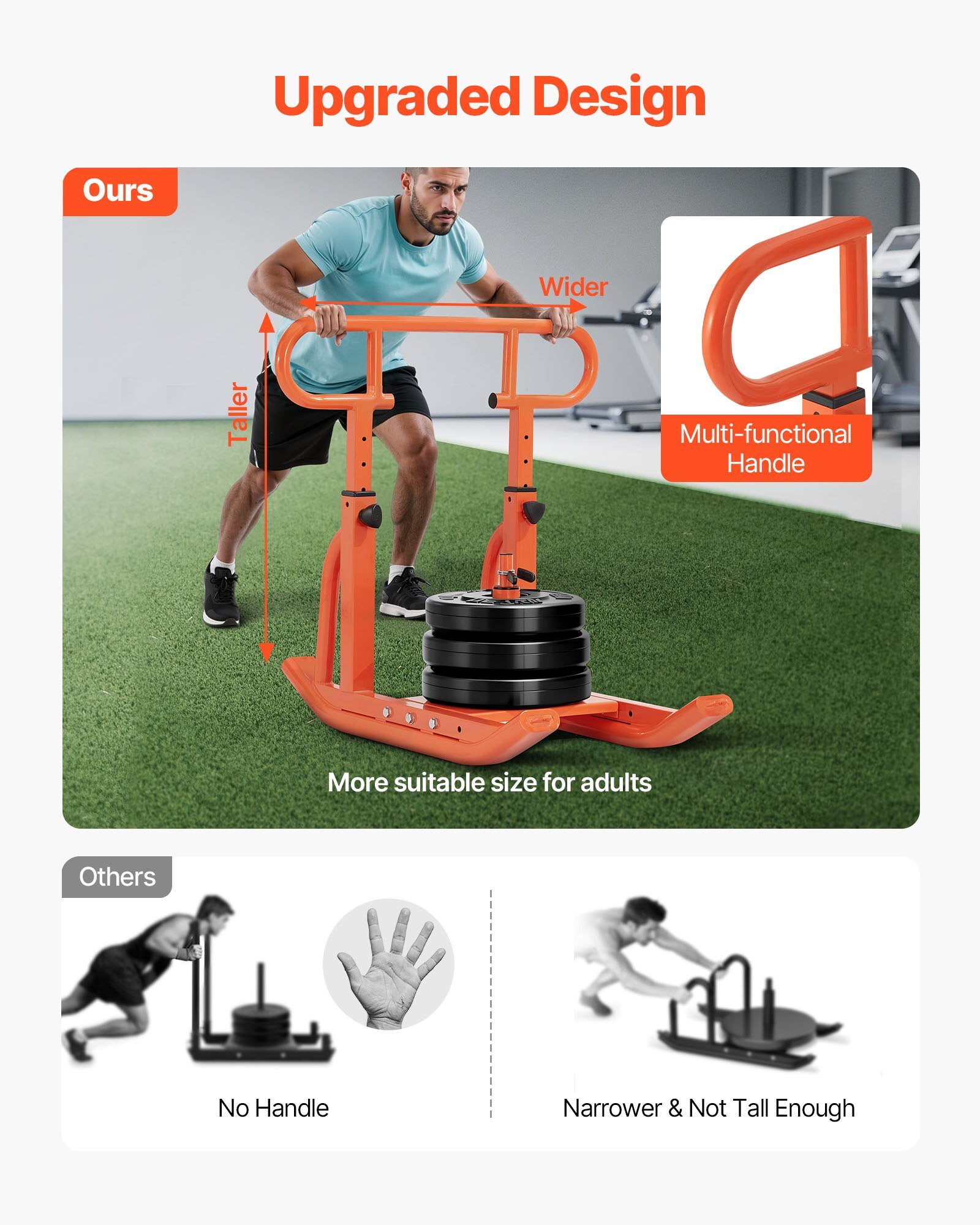 SZXQCS12YCTXRF8FI001V0.jpg Weight Sled, Steel Power Sled, Fitness Training Sleds for Athletic Exercise Speed Improvement, Workout Equipment with Adjustable Height Handle, Compatible with 1/2 in Weight Plates, Orange - Image 1