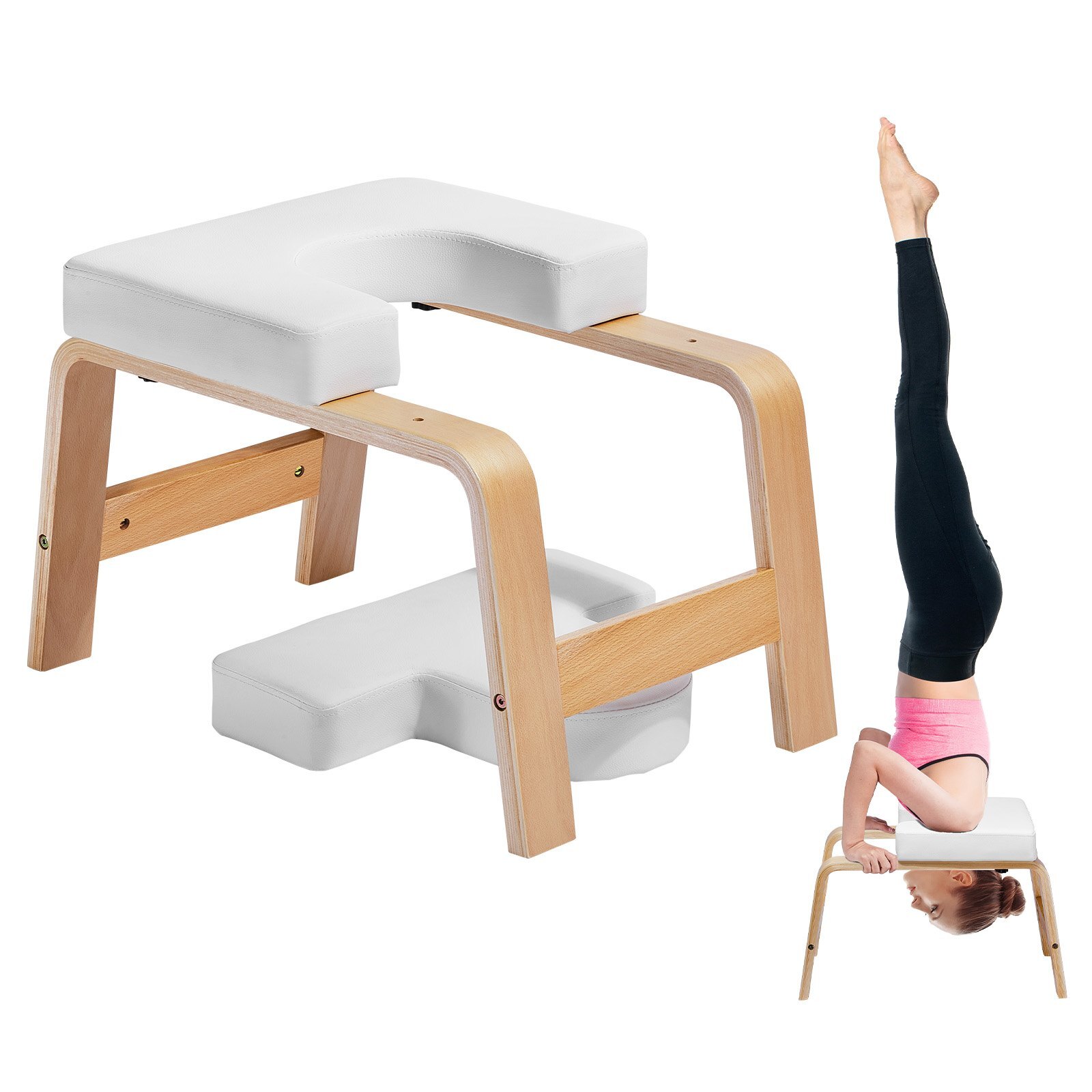 YJDLDBSHMDCBVR2H9V0.jpg Yoga Headstand Bench, 300 lbs Capacity Yoga Inversion Chair for Family Gym, Headstand Trainer with Wood Frame & PU Pad, Stand Yoga Stool for Strength Balance Training, Relieve Fatigue, White - Image 1