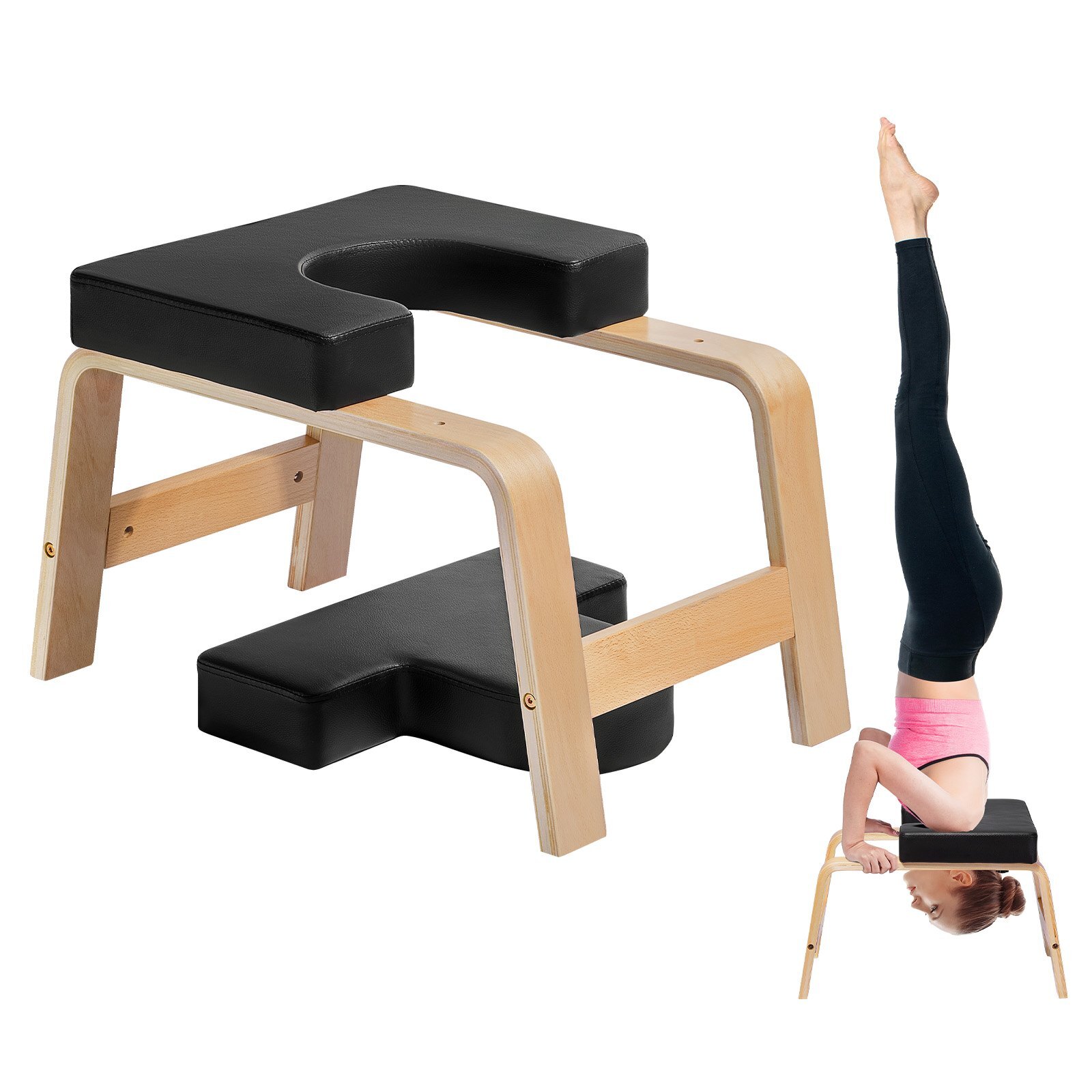 YJDLDHSHMDCB9UAD2V0.jpg Yoga Headstand Bench, 300 lbs Capacity Yoga Inversion Chair for Family Gym, Headstand Trainer with Wood Frame & PU Pad, Stand Yoga Stool for Strength Balance Training, Relieve Fatigue, Black - Image 1