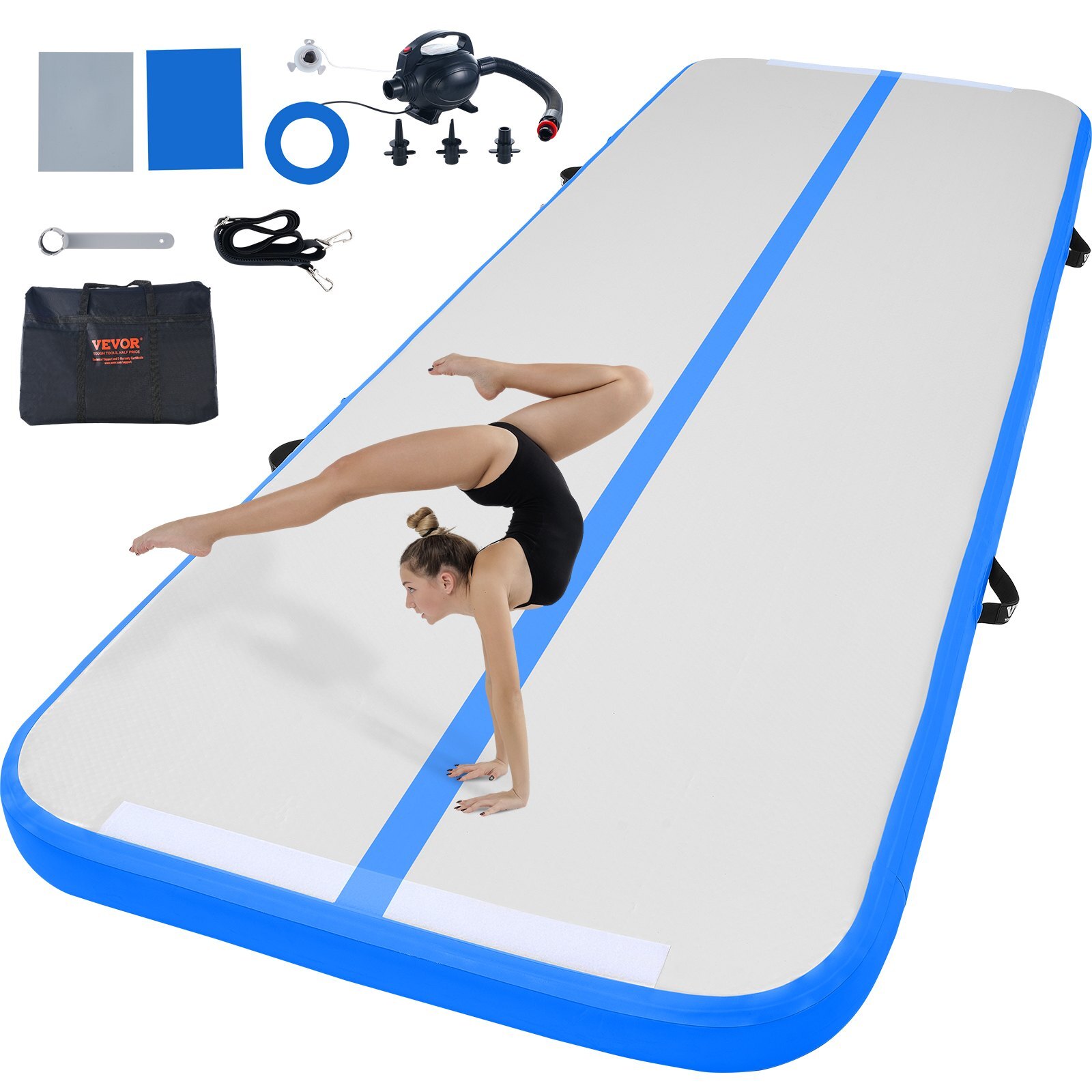 ZFXKKFQD10FTTCUSCV1.jpg Gymnastics Air Mat, 4 inch Thickness Inflatable Gymnastics Tumbling Mat, Tumble Track with Electric Pump, Training Mats for Home Use/Gym/Yoga/Cheerleading/Beach/Park/Water, 10 ft, Blue - Image 1