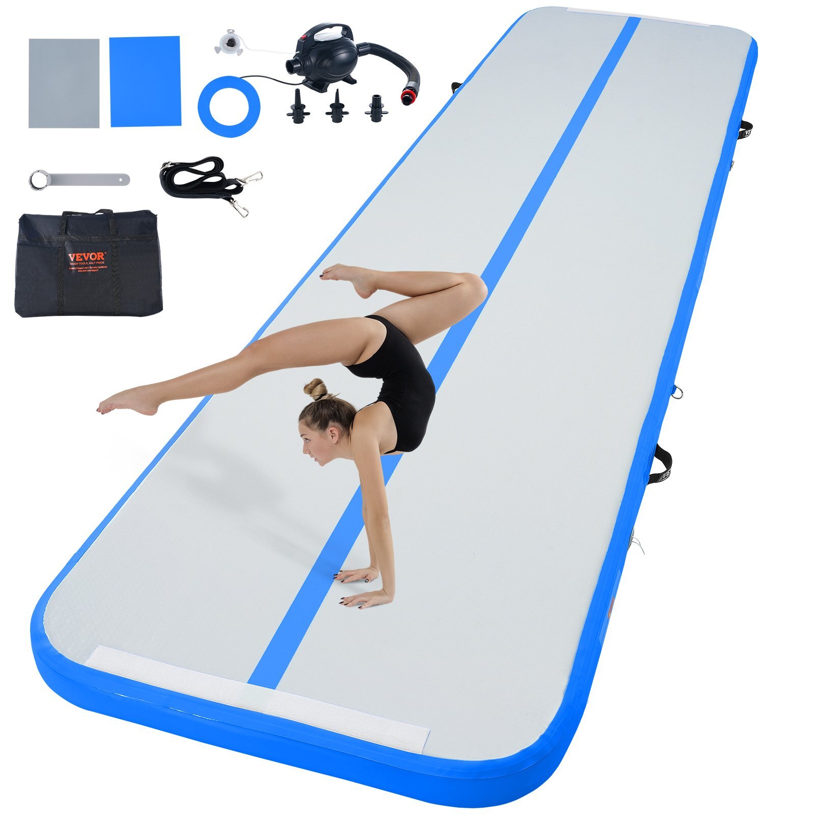 ZFXKKFQD13FTZHSIZV1.jpg Gymnastics Air Mat, 4 inch Thickness Inflatable Gymnastics Tumbling Mat, Tumble Track with Electric Pump, Training Mats for Home Use/Gym/Yoga/Cheerleading/Beach/Park/Water, 13 ft, Blue - Image 1