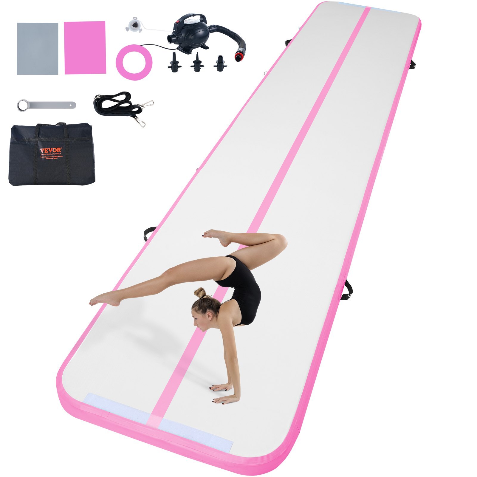 ZFXKKFQD16FT018COV1.jpg Gymnastics Air Mat, 4 inch Thickness Inflatable Gymnastics Tumbling Mat, Tumble Track with Electric Pump, Training Mats for Home Use/Gym/Yoga/Cheerleading/Beach/Park/Water, 16 ft, Pink - Image 1