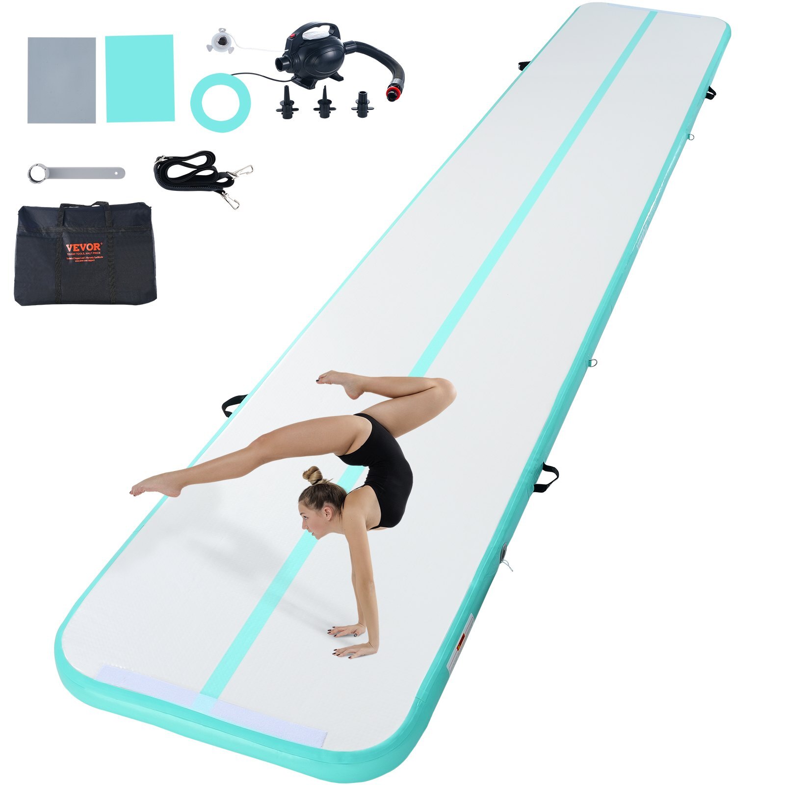 ZFXKKFQD20FTIEG8XV1.jpg Gymnastics Air Mat, 4 inch Thickness Inflatable Gymnastics Tumbling Mat, Tumble Track with Electric Pump, Training Mats for Home Use/Gym/Yoga/Cheerleading/Beach/Park/Water, 20 ft, Mint Green - Image 1