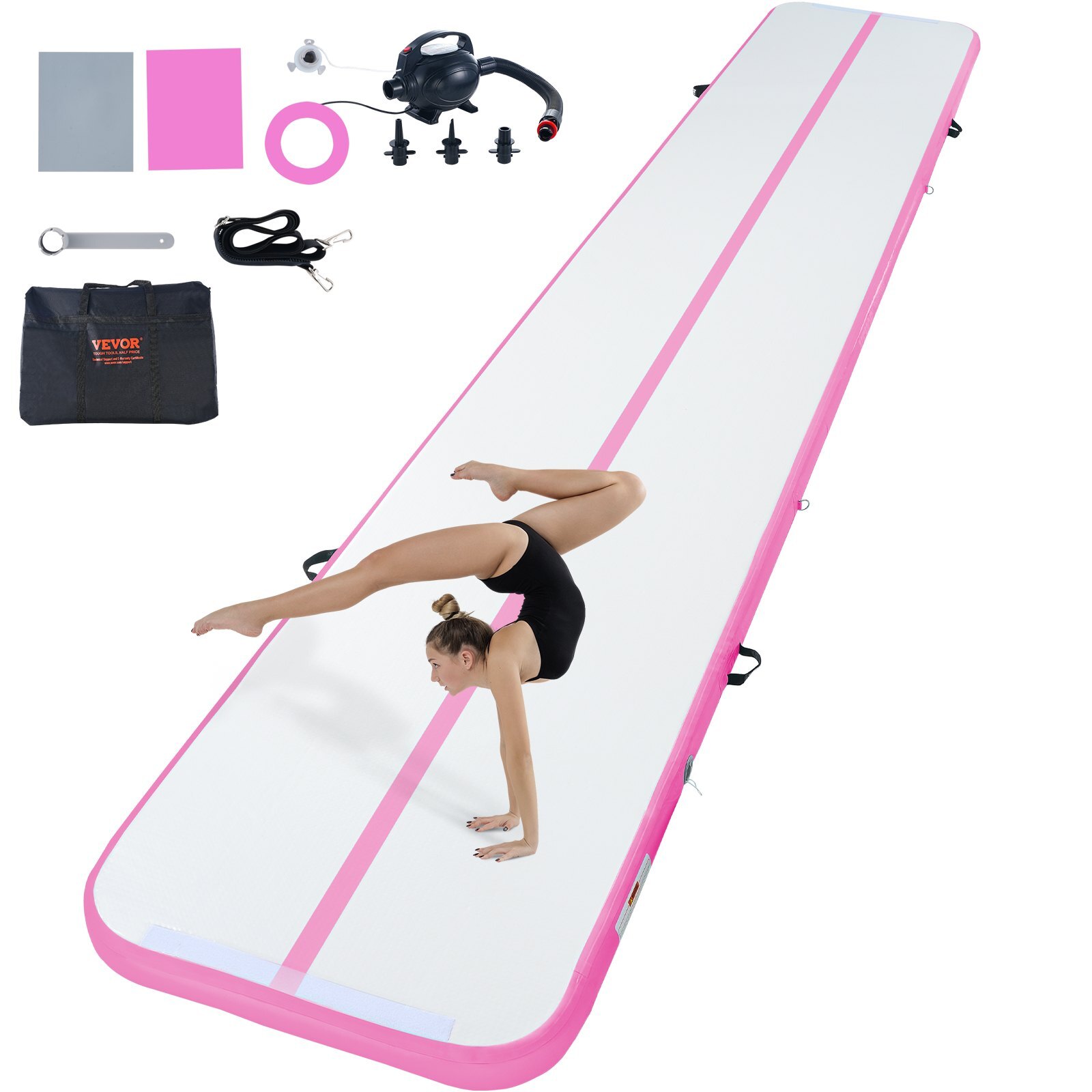 ZFXKKFQD20FTMB6USV1.jpg Gymnastics Air Mat, 4 inch Thickness Inflatable Gymnastics Tumbling Mat, Tumble Track with Electric Pump, Training Mats for Home Use/Gym/Yoga/Cheerleading/Beach/Park/Water, 20 ft, Pink - Image 1
