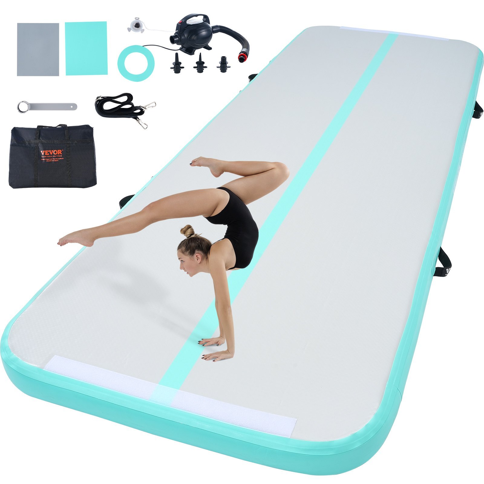 ZFXKKFQDBHLSDLB4HV1.jpg Gymnastics Air Mat, 4 inch Thickness Inflatable Gymnastics Tumbling Mat, Tumble Track with Electric Pump, Training Mats for Home Use/Gym/Yoga/Cheerleading/Beach/Park/Water, 10 ft, Mint Green - Image 1